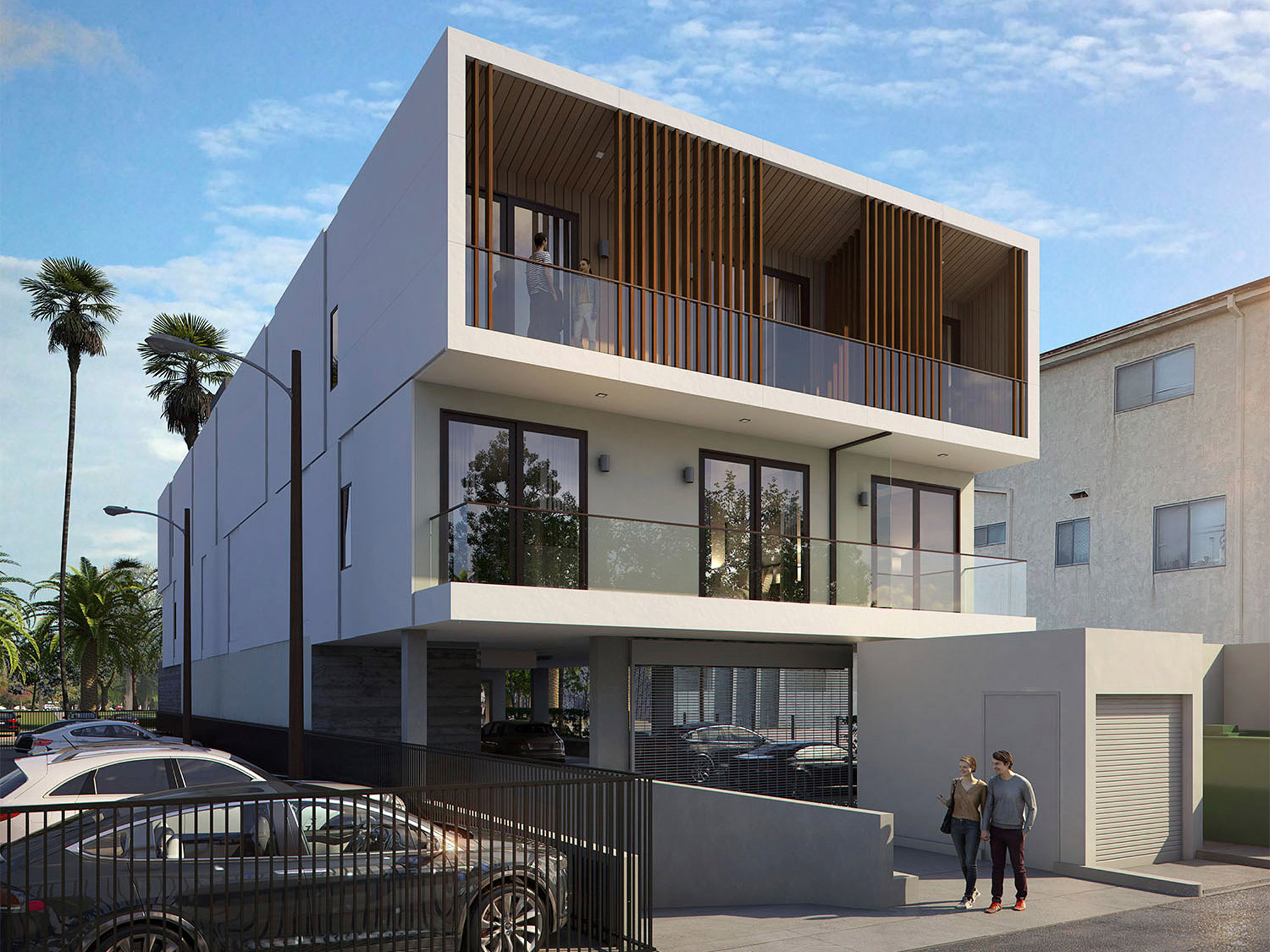 Modern two-story residential building with geometric lines, featuring a combination of clean white facade and warm wood paneling. Balconies with glass railings enhance the open design, while the landscaped entrance complements the structure's minimalist aesthetic.
