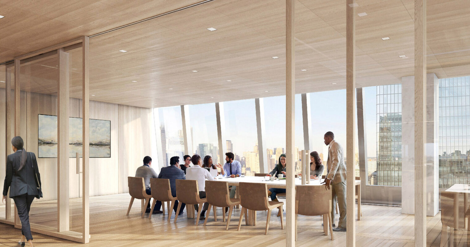 Bright, airy boardroom featuring panoramic city views through floor-to-ceiling windows, warm wooden floors and furniture, and sleek, minimalistic design encouraging focus and collaboration.