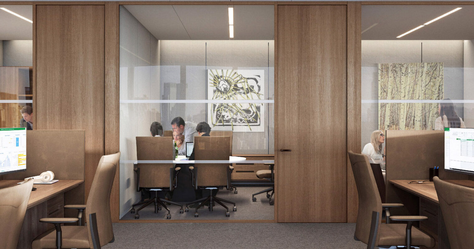 Contemporary office space with glass partition walls and wood veneer frames, providing semi-privacy. Ergonomic chairs accompany modular workstations. A wall-mounted abstract art piece complements the natural wood tones, enhancing the space's professional and polished ambiance.