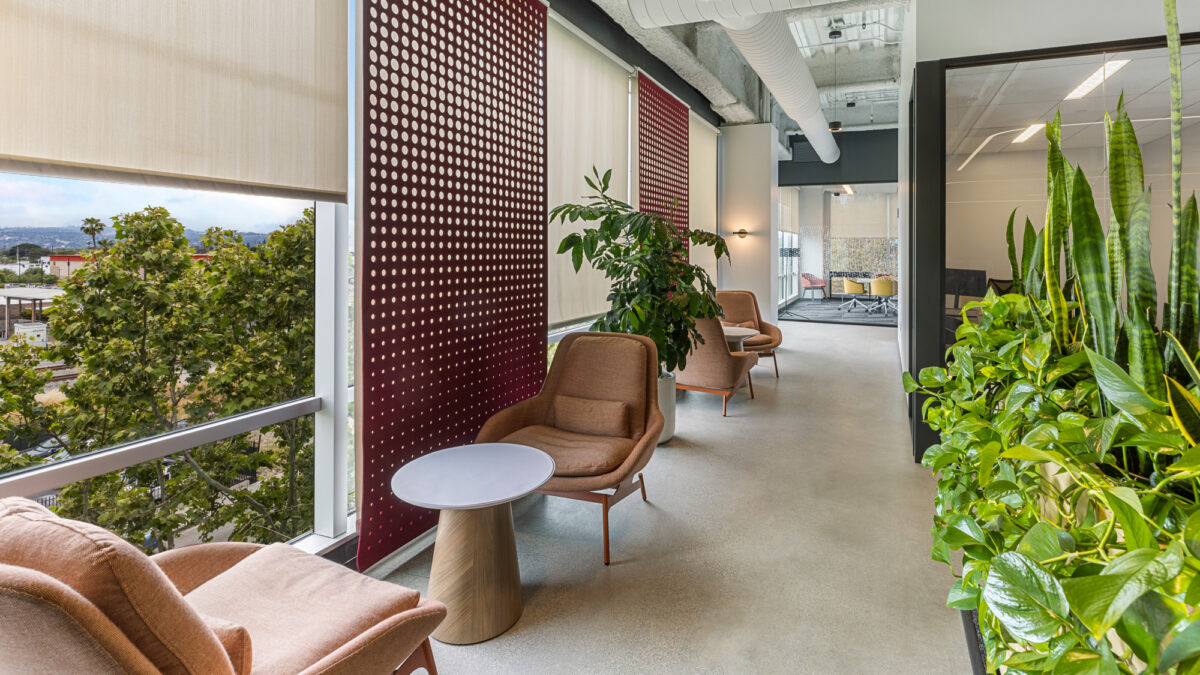 Modern office lounge area boasting natural light, with terracotta-toned privacy panels, minimalist furniture, and indoor greenery integrating a biophilic design approach that promotes wellbeing and productivity.