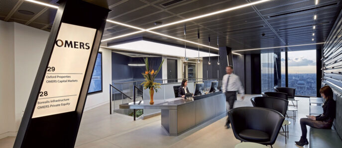 Modern corporate lobby with sleek reception desk, ambient lighting, and floor-to-ceiling windows offering a cityscape view. Waiting area features minimalist black seating. Focus on space functionality and sophisticated urban design aesthetic.