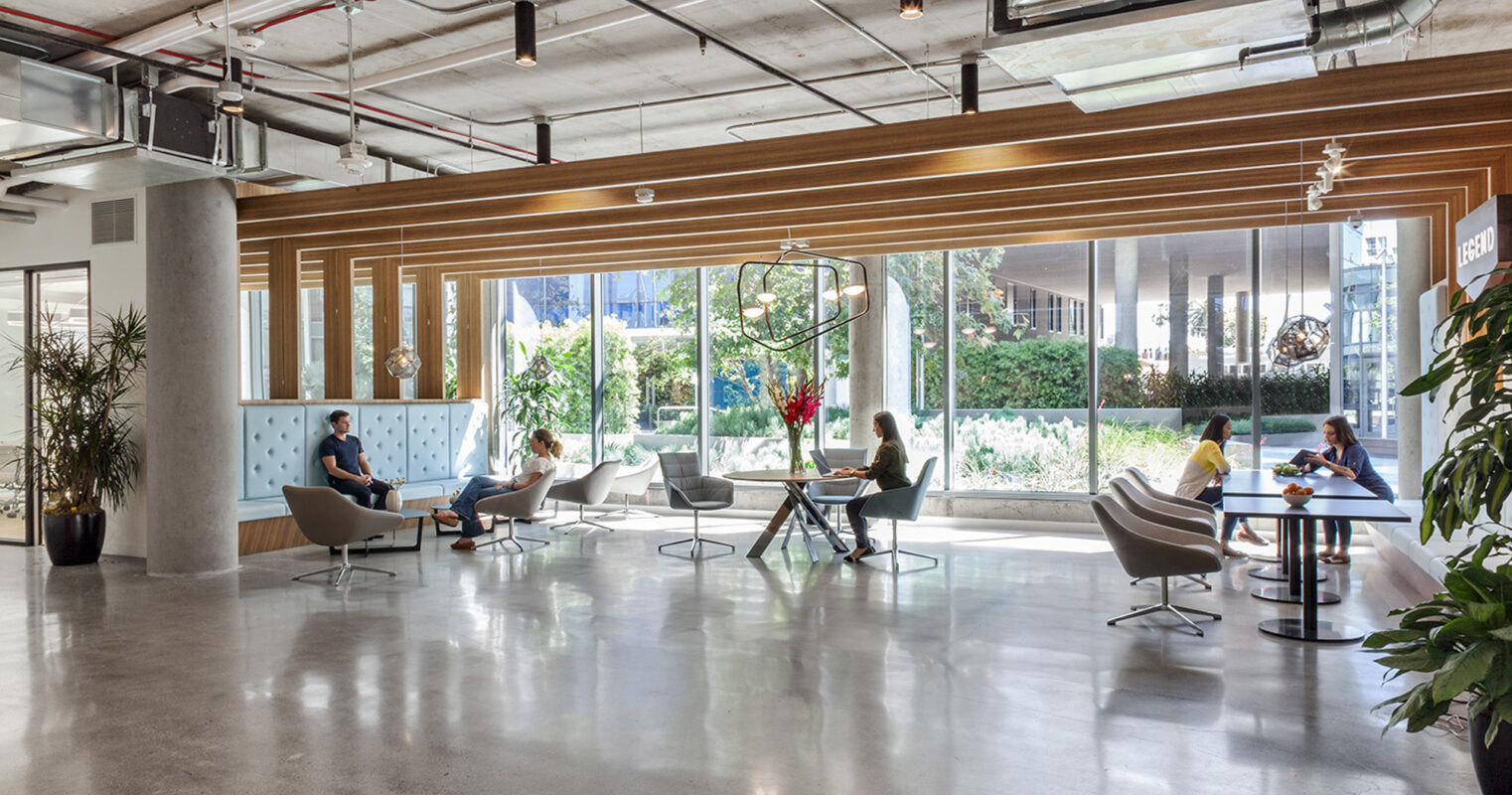 Modern open-plan office space featuring exposed ceiling infrastructure paired with warm wooden accents, sleek furniture, and large glass windows providing ample natural light and a view of greenery outside.