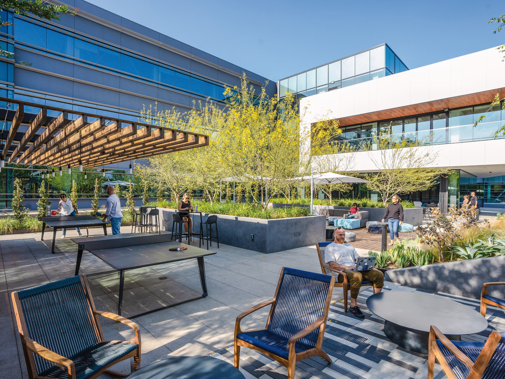 Employees enjoying a sunny break in a modern office courtyard with comfortable seating and lush greenery.
