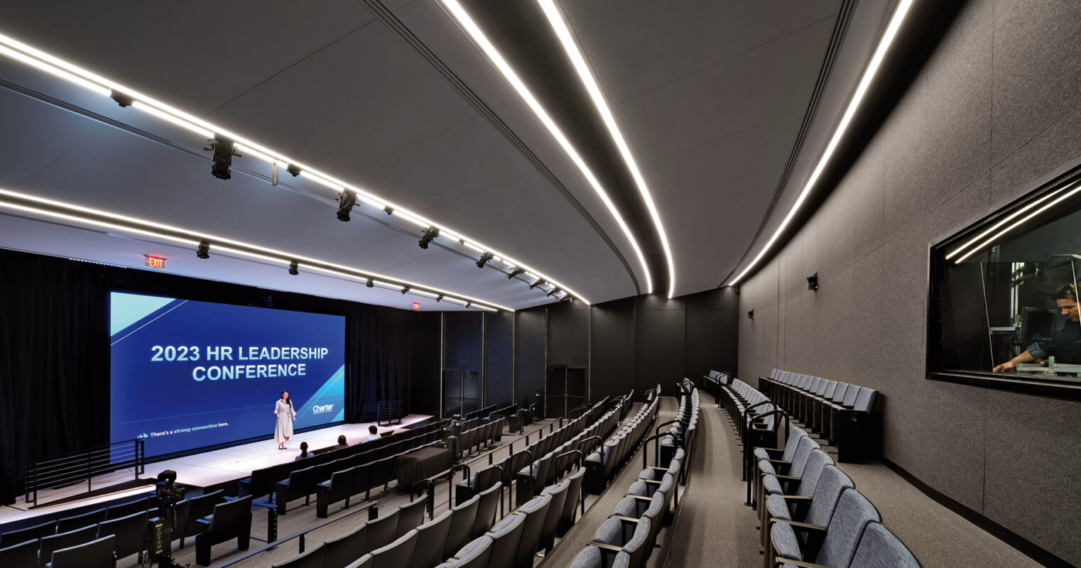 Modern conference hall with led lighting before the start of a leadership conference.