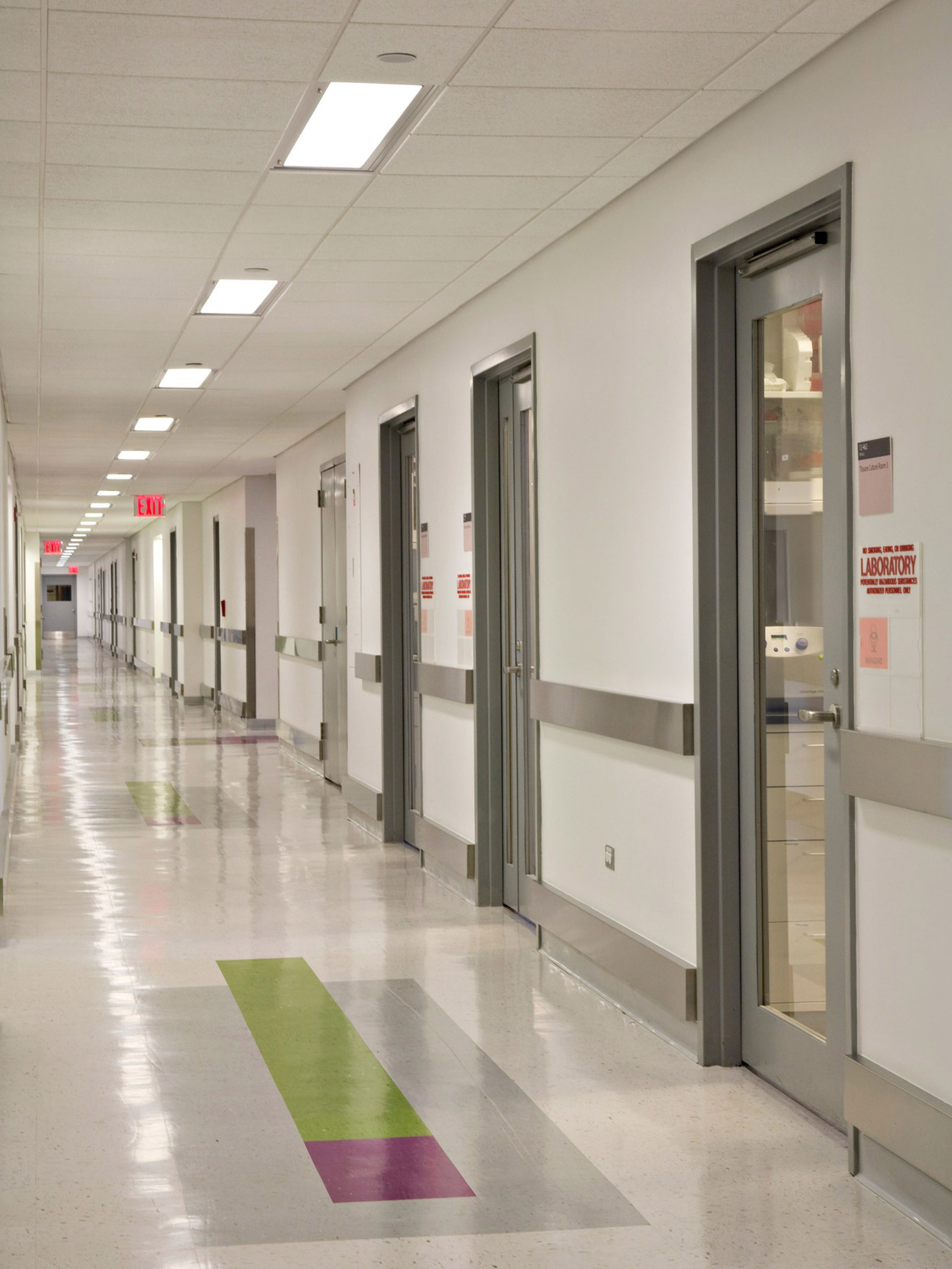 A long, brightly-lit hospital corridor featuring a clean, minimalist design with white walls, reflective flooring, and uniformly spaced gray doors with glass panels. Colorful floor decals add a navigation aid and visual interest.