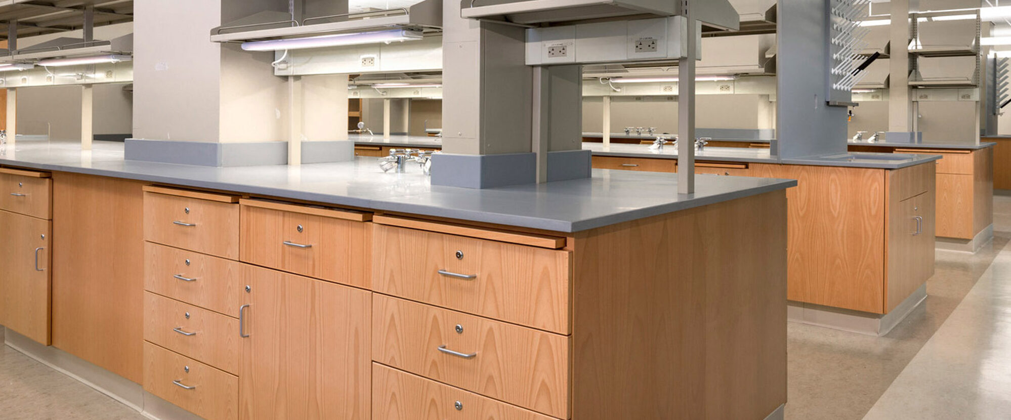 Modern laboratory interior featuring sleek wooden cabinetry with stainless steel handles, grey countertops, and overhead storage units. The space is accented by ample lighting and minimalistic design elements, providing a clean and professional atmosphere.