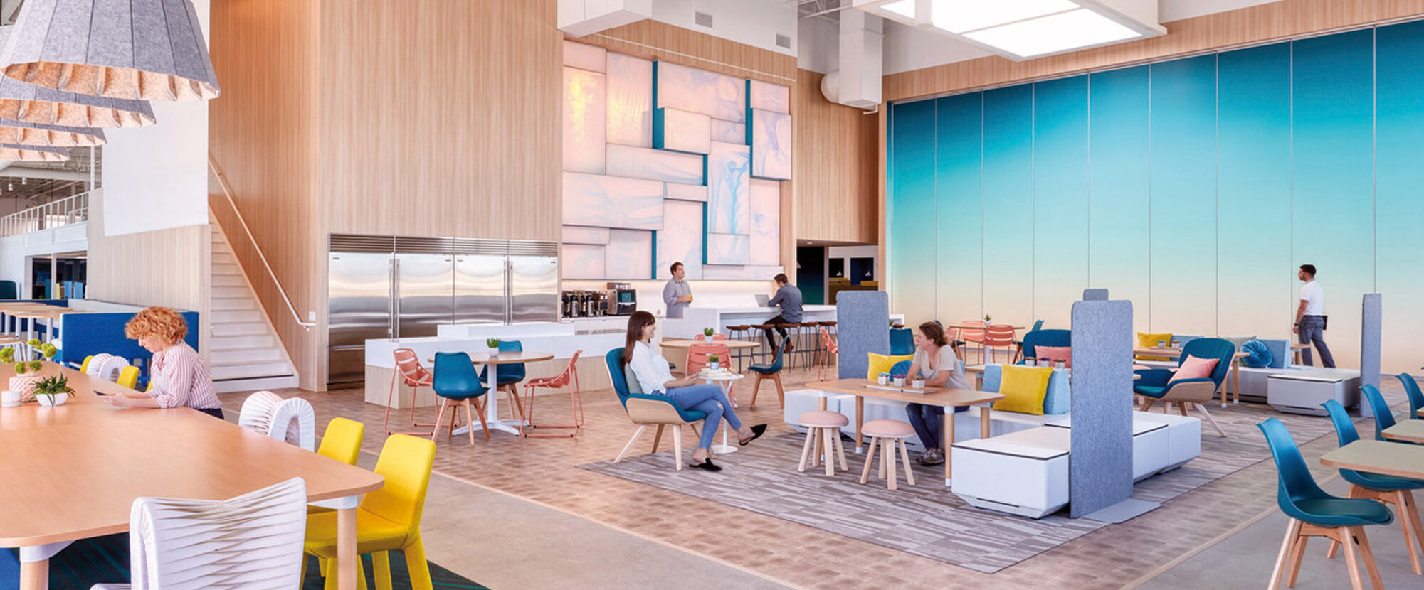 Bright and contemporary open-concept workspace featuring a mix of casual and formal seating arrangements, vibrant color pops on furniture, natural wood paneling, and a striking blue glass partition, creating a dynamic and inviting environment for collaboration and productivity.