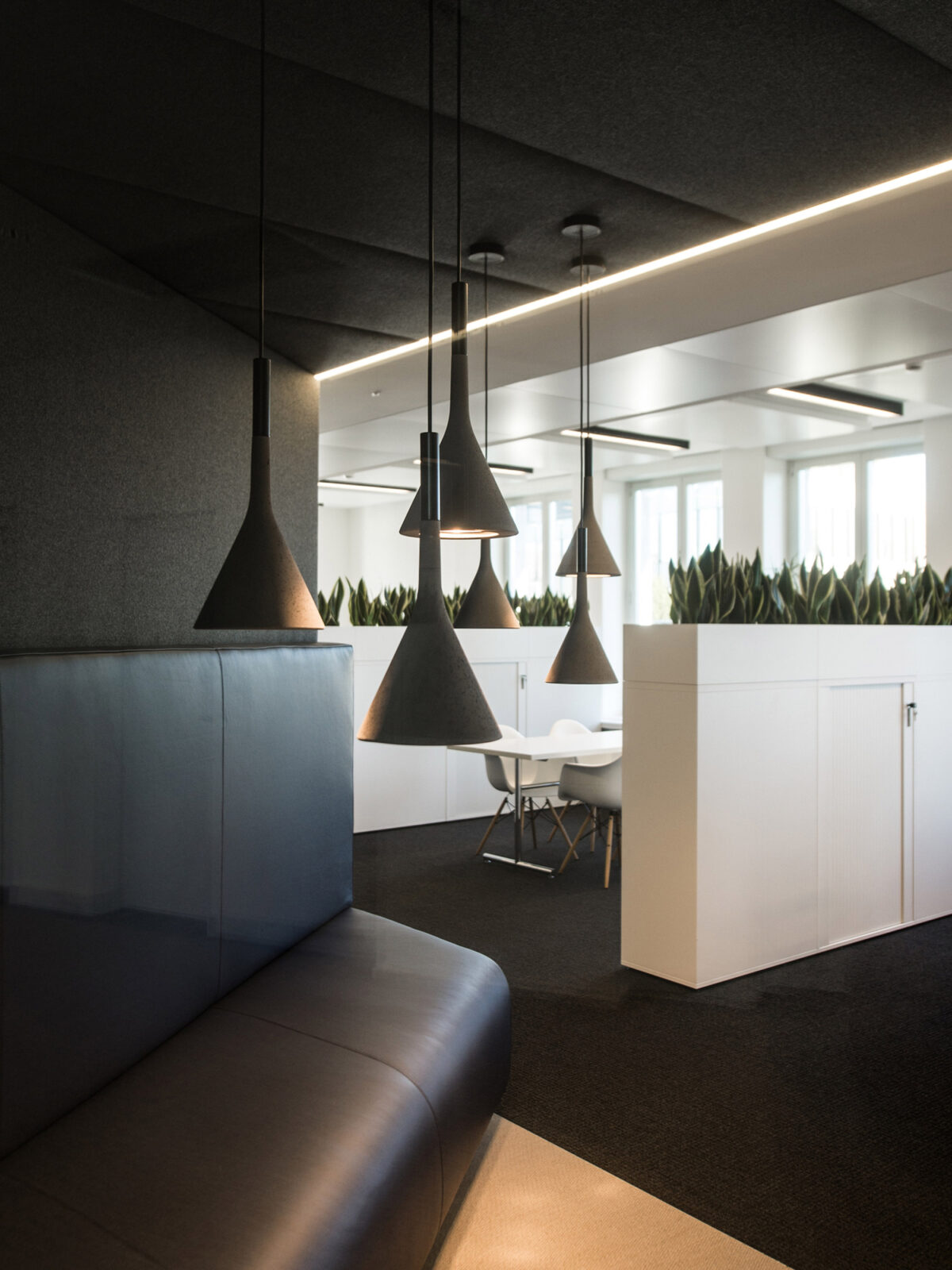 Minimalist office space with sleek, monochrome furniture. Overhead, cone-shaped pendant lights punctuate the room, complementing the continuous strand of LED strip lighting that frames the ceiling's contours. An expansive planter of verdant greenery breathes life into the otherwise monochromatic palette.