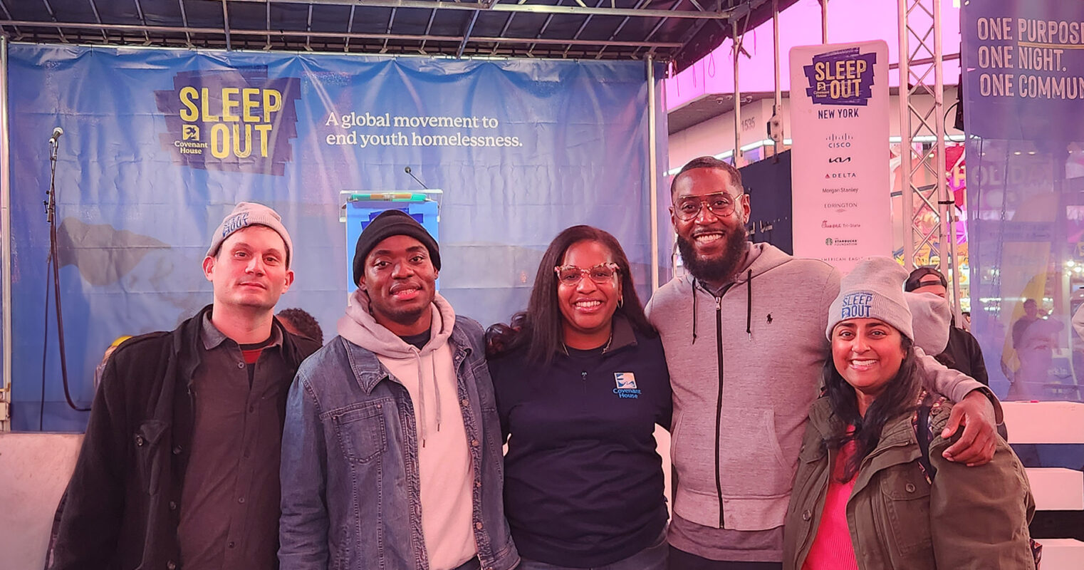 Josh Vizzi (far left) and Anjali Mathai, Director of DEI (far right) joined by members of Convent House for the annual Sleep Out iSleep Out: A Global Movement to End Youth Homelessness