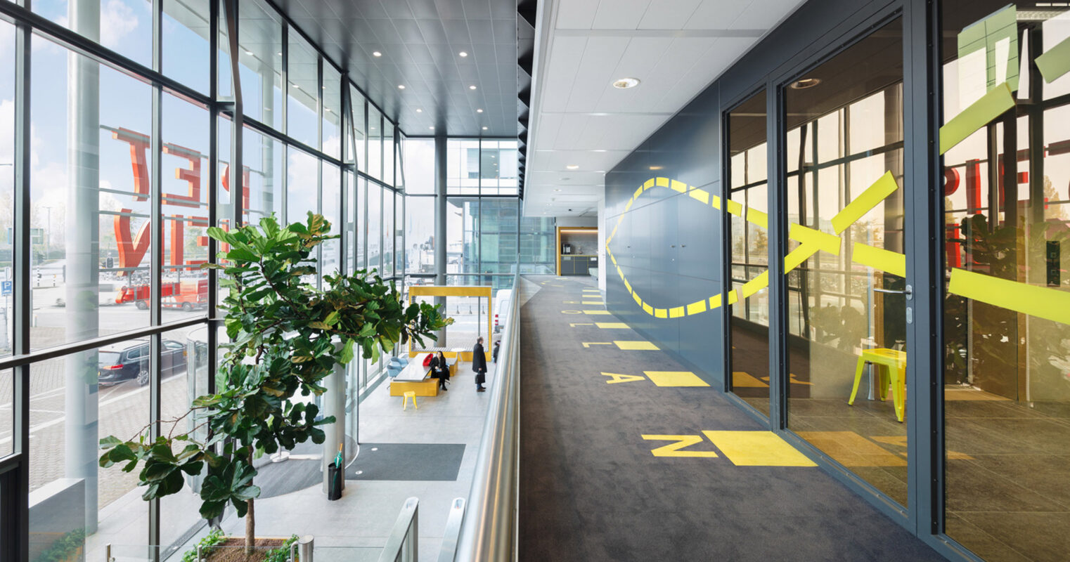 Modern office corridor with glass walls reflecting natural light, vibrant yellow accents on floor markings, and lush greenery adding a biophilic touch. Contemporary seating and sleek, minimalist architecture emphasize functionality and design.
